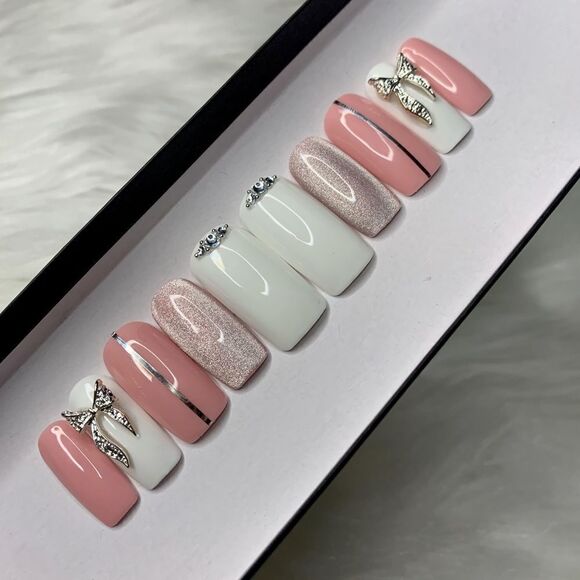 Other - Pink and Bow (Cat Eye) Press On Nails | Handmade Press On Nails | Fake Nails